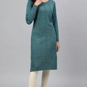 Women's Indian Knitted Winter Kurta with Gold Accents